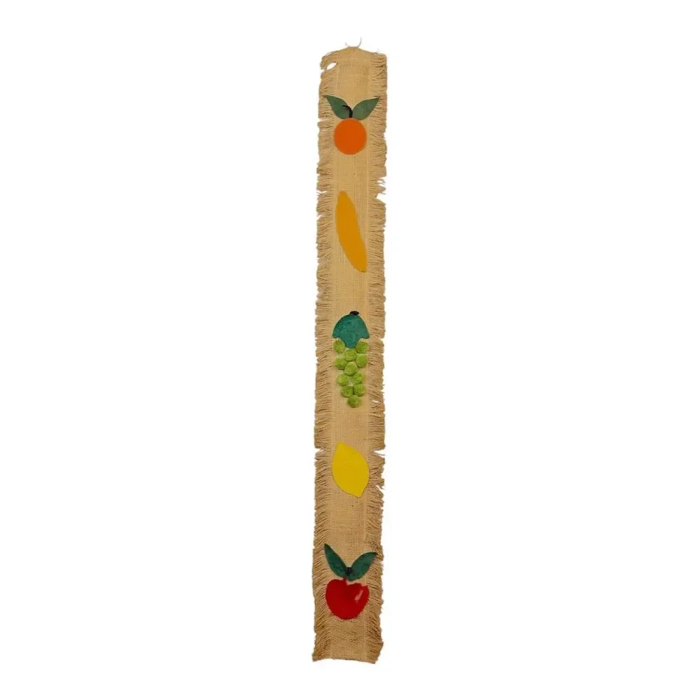 Vintage 70s Burlap Fruit Wall Hanging Yardstick Holder Ad Ruler Rustic Country